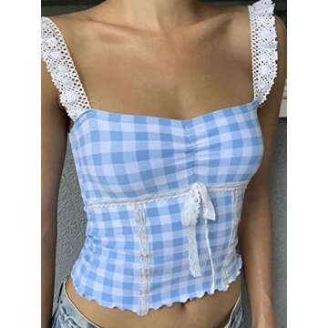 Y2k Vest Going Out Tops for Women Crochet Tube Tank Top Summer Aesthetic Strapless Bandeau Crop Tops (1-Blue Plaid, L)