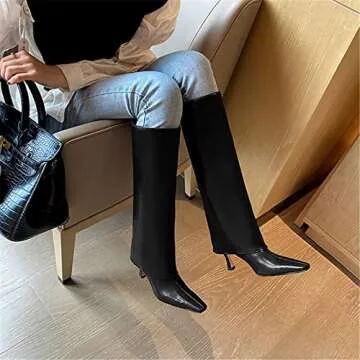 Goolita Women's Stiletto Heel Knee High Boots Square Toe Slip On Fold Over Boots For Women Leather Comfortable Dress Tall Boots