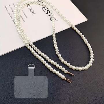 Turkalla Phone Chain Crossbody Pearl Strap, Pearl Beaded Chain Shoulder Crossbody Lanyard with Phone Tether Patches Compatible with Most Phones Bag Purse