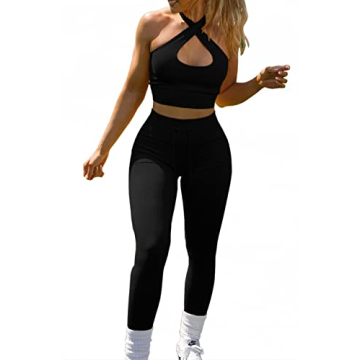 QINSEN Yoga Outfit for Women Seamless 2 Piece Workout Tank Tops Halter Cross Back High Waist Leggings Sets Black S