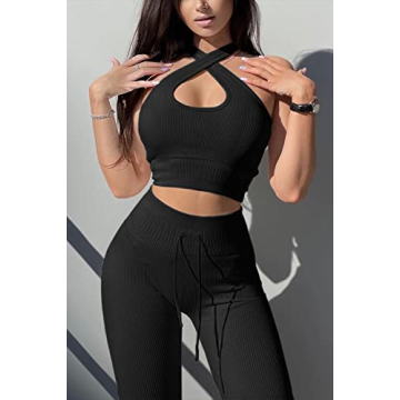 QINSEN Yoga Outfit for Women Seamless 2 Piece Workout Tank Tops Halter Cross Back High Waist Leggings Sets Black S