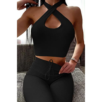QINSEN Yoga Outfit for Women Seamless 2 Piece Workout Tank Tops Halter Cross Back High Waist Leggings Sets Black S