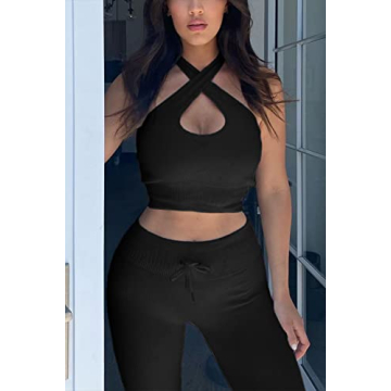 QINSEN Yoga Outfit for Women Seamless 2 Piece Workout Tank Tops Halter Cross Back High Waist Leggings Sets Black S