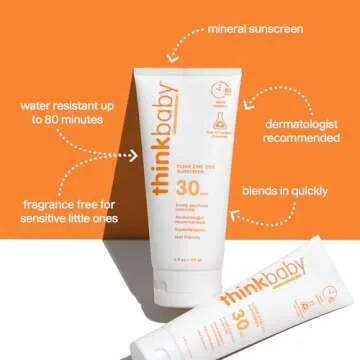 Thinkbaby Mineral Sunscreen, SPF 30 Clear Zinc Oxide Baby Sun Screen, 6 Fl Oz, Natural, Water Resist...