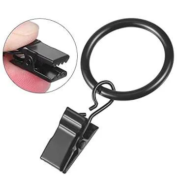 Curtain Rings with Clips 1.5 Inch Set 20 Heavy Duty Curtain Hooks for Decorative Drapery Rings, Rings with Curtain Clips,Curtain Clip Rings,Drapery Rings,Black