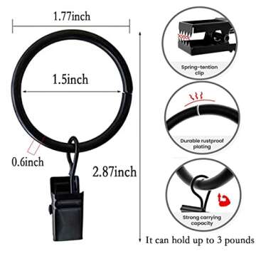 Curtain Rings with Clips 1.5 Inch Set 20 Heavy Duty Curtain Hooks for Decorative Drapery Rings, Rings with Curtain Clips,Curtain Clip Rings,Drapery Rings,Black