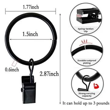 Curtain Rings with Clips 1.5 Inch Set 20 Heavy Duty Curtain Hooks for Decorative Drapery Rings, Rings with Curtain Clips,Curtain Clip Rings,Drapery Rings,Black