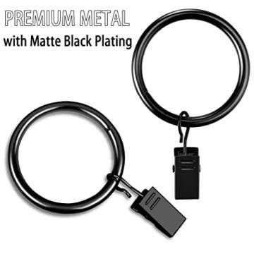 Curtain Rings with Clips 1.5 Inch Set 20 Heavy Duty Curtain Hooks for Decorative Drapery Rings, Rings with Curtain Clips,Curtain Clip Rings,Drapery Rings,Black