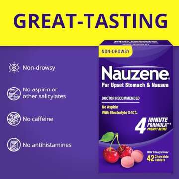 Nauzene Upset Stomach & Nausea Chewable Tablets Flavor, Wild Cherry, 42 Count (Pack of 1)
