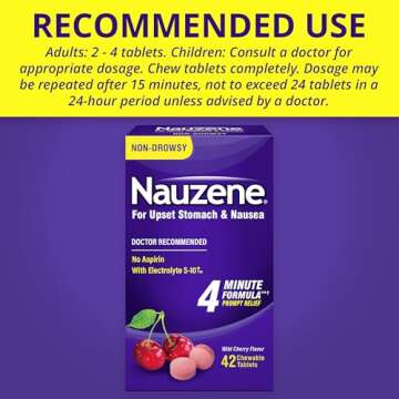 Nauzene Upset Stomach & Nausea Chewable Tablets Flavor, Wild Cherry, 42 Count (Pack of 1)