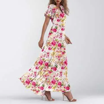 Easter Dress for Women,Swing,Women Dresses, Slim Fit Chiffon Dress Spring Summer Casual Maxi Dresses for Women Ruffle Short Sleeve,Summer Dresses for Women 2025 Vacation, Floral Print Pink Xs