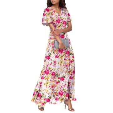 Easter Dress for Women,Swing,Women Dresses, Slim Fit Chiffon Dress Spring Summer Casual Maxi Dresses for Women Ruffle Short Sleeve,Summer Dresses for Women 2025 Vacation, Floral Print Pink Xs