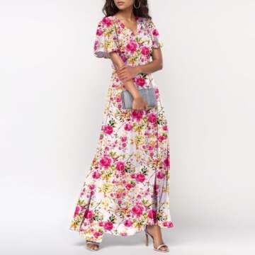 Easter Dress for Women,Swing,Women Dresses, Slim Fit Chiffon Dress Spring Summer Casual Maxi Dresses for Women Ruffle Short Sleeve,Summer Dresses for Women 2025 Vacation, Floral Print Pink Xs