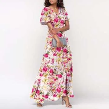 Easter Dress for Women,Swing,Women Dresses, Slim Fit Chiffon Dress Spring Summer Casual Maxi Dresses for Women Ruffle Short Sleeve,Summer Dresses for Women 2025 Vacation, Floral Print Pink Xs