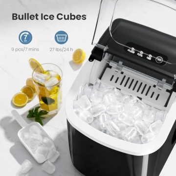 Countertop Ice Maker Machine with Handle, Portable Maker, 27lbs/24Hrs, 7Mins/9 Pcs ice Cubes, Self-C...