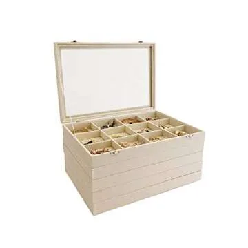 Premium Quality Large Beige Velvet Jewelry Display Box Tray with See Through Lid Multi Function Stackable Practical Storage