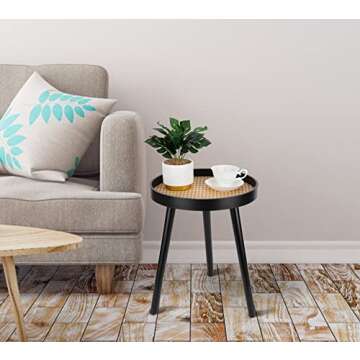 Rattan Round Side Table, Black Small Accent Table, Modern Boho Bedside Mid-Century Patio Side End Ta...