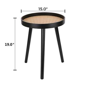 Rattan Round Side Table, Black Small Accent Table, Modern Boho Bedside Mid-Century Patio Side End Tables for Living Room Bedroom Office Balcony