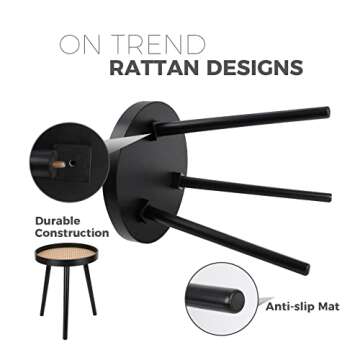 Rattan Round Side Table, Black Small Accent Table, Modern Boho Bedside Mid-Century Patio Side End Tables for Living Room Bedroom Office Balcony
