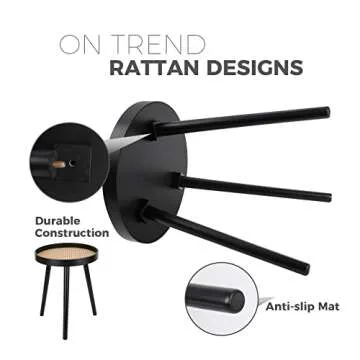 Rattan Round Side Table, Black Small Accent Table, Modern Boho Bedside Mid-Century Patio Side End Tables for Living Room Bedroom Office Balcony