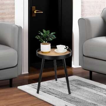 Rattan Round Side Table, Black Small Accent Table, Modern Boho Bedside Mid-Century Patio Side End Tables for Living Room Bedroom Office Balcony