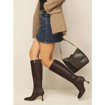 DOEYG Brown Leather Knee High Boots for Women Kitten Heel Tall Boots Square Toe Stiletto Heels Heeled Boots Dressy Fashion Long Boots Side Zipper Size 8.5