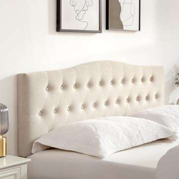 Huatean Home Tufted Upholstered Headboard Queen Size, Sturdy and Durable Solid Wood Bed headboard, Fabric Headboard Adjustable Height from 37” to 51”, Modern Button Diamond Design Head Board, Beige