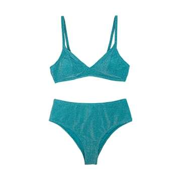 CUPSHE Bikini Sets for Women Bathing Suit High Waisted V Neck Back Hook Adjustable Spaghetti Straps,M Blue