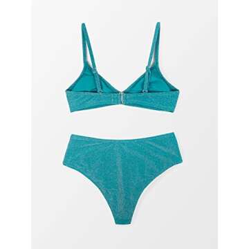 CUPSHE Bikini Sets for Women Bathing Suit High Waisted V Neck Back Hook Adjustable Spaghetti Straps,M Blue