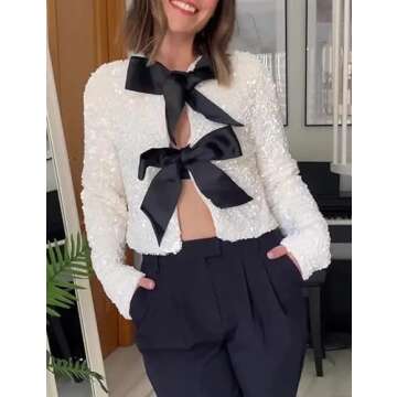 HYLLGUD Women Tie-Front Sequined Jacket Long Sleeve Sparkling Cropped Top with Bow Party Concert Night(White-L)