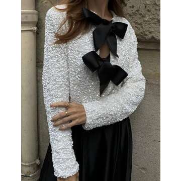 HYLLGUD Women Tie-Front Sequined Jacket Long Sleeve Sparkling Cropped Top with Bow Party Concert Night(White-L)