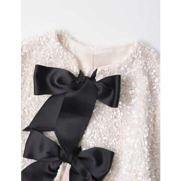 HYLLGUD Women Tie-Front Sequined Jacket Long Sleeve Sparkling Cropped Top with Bow Party Concert Night(White-L)