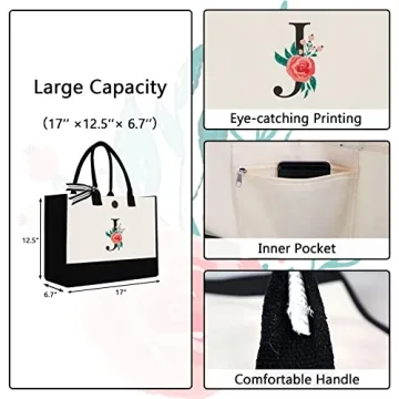 Personalized Initial Canvas Tote Bag for Women