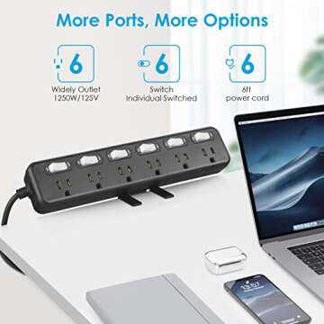 JUNNUJ 6 Outlet Surge Protector Clamp Power Strip - Individual Switches & 800J Protection