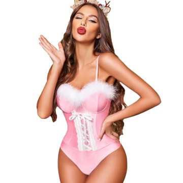 Avidlove Lingerie Sets for Women Lace Up Bodysuit Teddy lingerie V Neck Nighty Chemise Pink