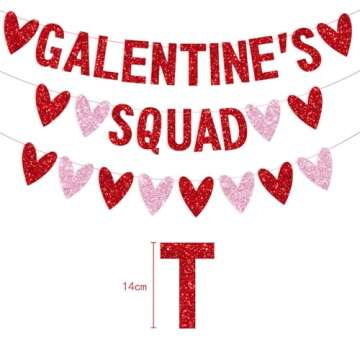3 PCS Galentines Day Decorations Galentines Squad Banner with Love Heart Garland, Glitter Happy Gale...