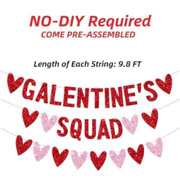 3 PCS Galentines Day Decorations Galentines Squad Banner with Love Heart Garland, Glitter Happy Galentine’s Day Banner Galentines Day Party Decor for Ladies Girls Friends Valentines Day Party Decor