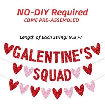 3 PCS Galentines Day Decorations Galentines Squad Banner with Love Heart Garland, Glitter Happy Galentine’s Day Banner Galentines Day Party Decor for Ladies Girls Friends Valentines Day Party Decor