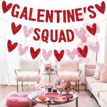 3 PCS Galentines Day Decorations Galentines Squad Banner with Love Heart Garland, Glitter Happy Galentine’s Day Banner Galentines Day Party Decor for Ladies Girls Friends Valentines Day Party Decor
