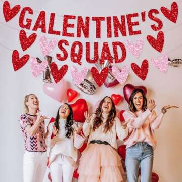 3 PCS Galentines Day Decorations Galentines Squad Banner with Love Heart Garland, Glitter Happy Galentine’s Day Banner Galentines Day Party Decor for Ladies Girls Friends Valentines Day Party Decor