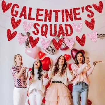 3 PCS Galentines Day Decorations Galentines Squad Banner with Love Heart Garland, Glitter Happy Galentine’s Day Banner Galentines Day Party Decor for Ladies Girls Friends Valentines Day Party Decor