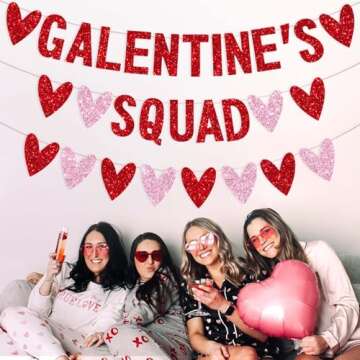3 PCS Galentines Day Decorations Galentines Squad Banner with Love Heart Garland, Glitter Happy Galentine’s Day Banner Galentines Day Party Decor for Ladies Girls Friends Valentines Day Party Decor