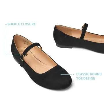 Rekayla Mary Jane Ballets Flats Shoes Women Dressy Comfortable Round Toe Slip on Ballet Flat Adjustable Buckle Casual Shoes Suede Black Flats for Women Size 7
