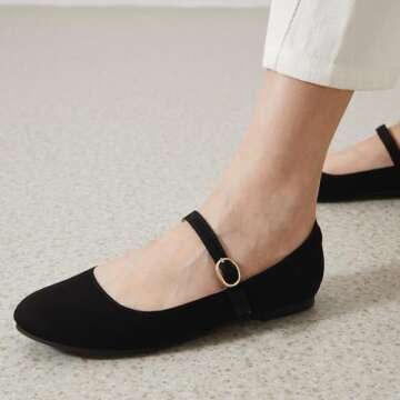 Rekayla Mary Jane Ballets Flats Shoes Women Dressy Comfortable Round Toe Slip on Ballet Flat Adjustable Buckle Casual Shoes Suede Black Flats for Women Size 7