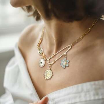 ORIGENCE Charm Necklace for Women Paperclip Necklace Chunky Charm Necklace Evil Eye Jewelry Sun Flow...