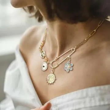 ORIGENCE Charm Necklace for Women Paperclip Necklace Chunky Charm Necklace Evil Eye Jewelry Sun Flow...