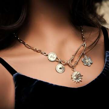 ORIGENCE Charm Necklace for Women Paperclip Necklace Chunky Charm Necklace Evil Eye Jewelry Sun Flower Charm Necklace Third Eye Necklace Birthday Gift for Her Women