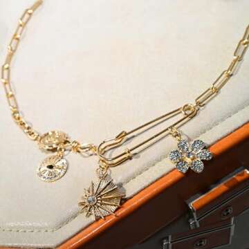 ORIGENCE Charm Necklace for Women Paperclip Necklace Chunky Charm Necklace Evil Eye Jewelry Sun Flower Charm Necklace Third Eye Necklace Birthday Gift for Her Women