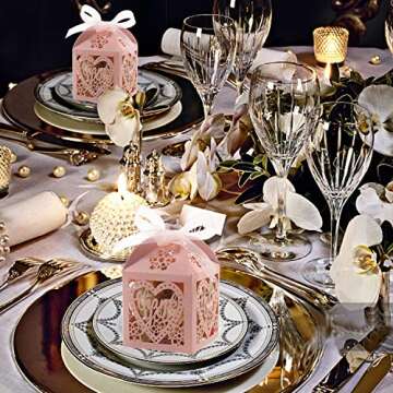 COTOPHER Laser Cut Boxes 100pcs Thank You Gift Boxes Wedding Party Favor Boxes Lace Candy Boxes for Wedding Bridal Shower Baby Shower Birthday Party Decorations with Ribbons (2x2x2.75inch, pink, 100)