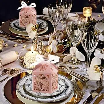 COTOPHER Laser Cut Boxes 100pcs Thank You Gift Boxes Wedding Party Favor Boxes Lace Candy Boxes for Wedding Bridal Shower Baby Shower Birthday Party Decorations with Ribbons (2x2x2.75inch, pink, 100)